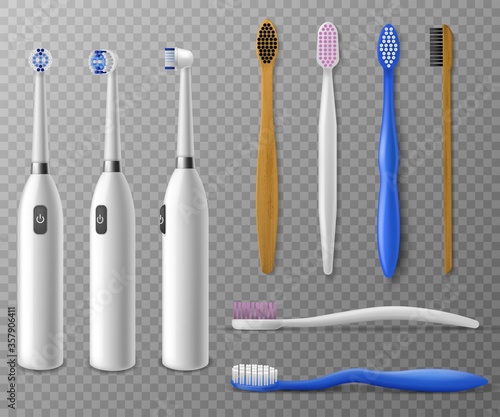 Toothbrushes mockup. Realistic toothbrush in different angles, promo items daily morning mouth hygiene, tooth cleaning vector set