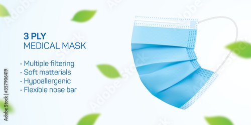 3 ply disposable mask vector flyer design with copy space. Blue medical face mask with green leaves flying in the air. Corona virus disease and pollution protective surgical mask concept background.