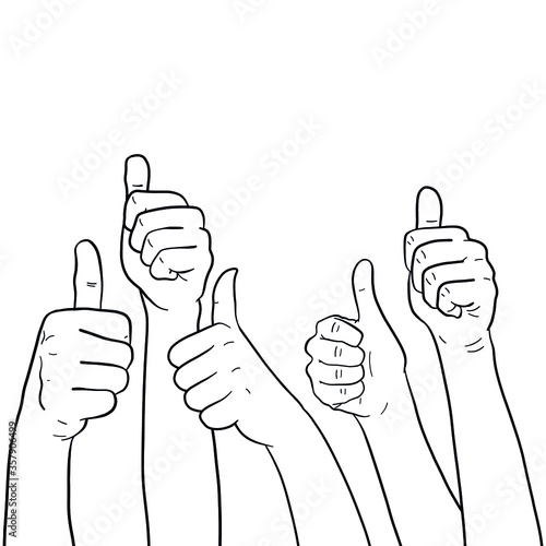 monochrome comic drawing of many thumbs that are held up in the air.