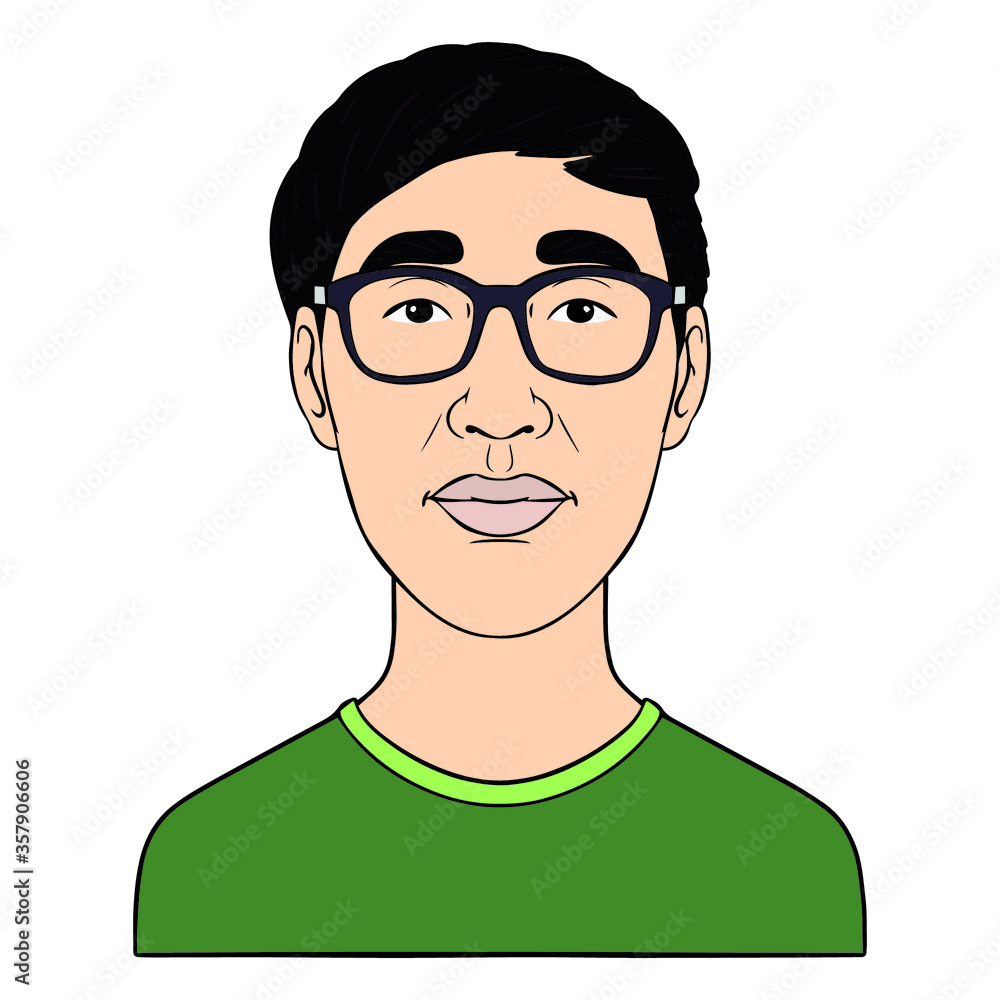 Avatar of a Chinese adolescent with glasses and a green t-shirt. neutral view. Comic illustration. Avatar of a Chinese adolescent with glasses and a green t-shirt. neutral view. Comic illustration.