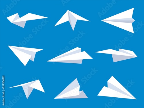 Paper plane. White paper airplanes from different angles in blue sky, flying planes for logo aviation design, flat vector set