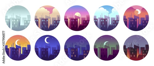 City circular landscapes. Dawn morning city sunny day and evening sunset, dusk night city landscape. round vector icon set