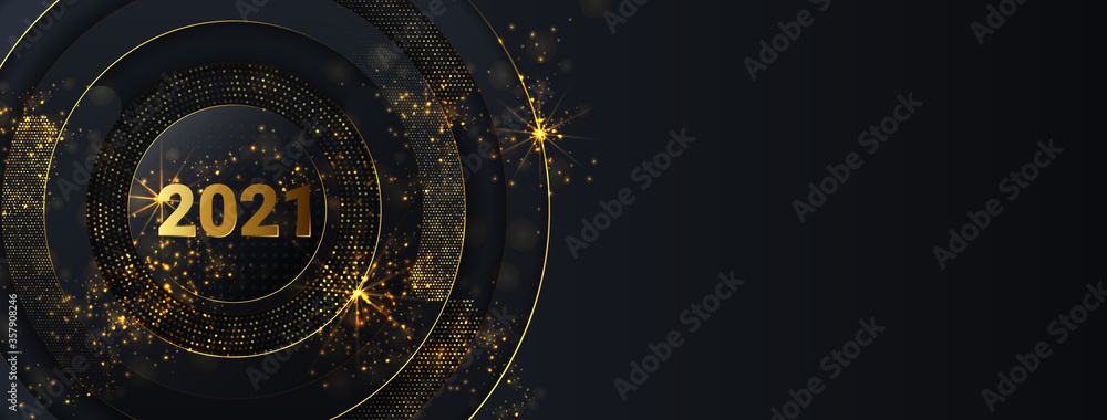 Obraz premium Happy New Year 2021 winter holiday greeting card design template. Party poster, banner or invitation gold glittering stars confetti glitter decoration. Vector background with golden gift bow