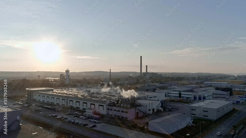 Factory Chimney Aerial No people View Above Drone Sky Industrial Outside Suburbs Factory Chimney Aerial No people View Above Drone Sky Industrial Outside Suburbs