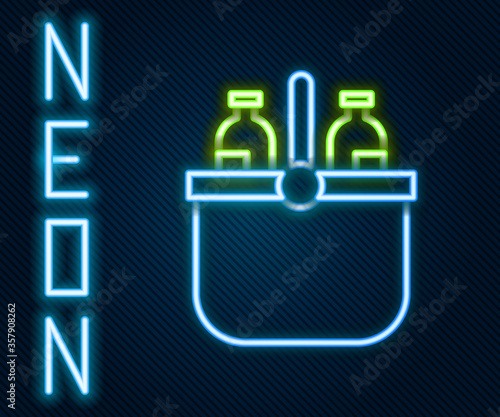 Glowing neon line Cooler bag and water icon isolated on black background. Portable freezer bag. Handheld refrigerator. Colorful outline concept. Vector Illustration