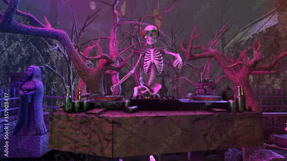 Seamless animation of a skeleton djing with turntables and bats flying around in a cemetery at night. Funny halloween background for parties and events.