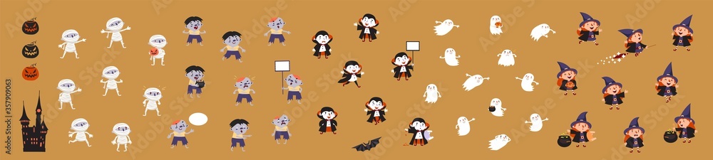 Halloween set witch, ghost, zombie, vampire, mummy, bat, pumpkin, isolated vector