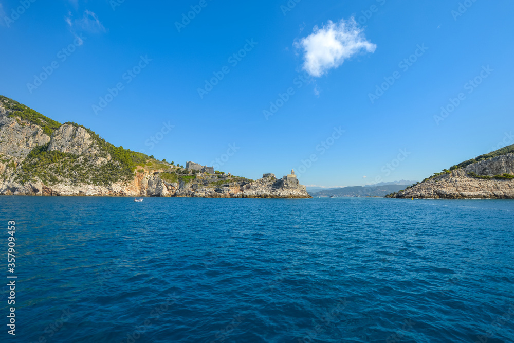 The narrow entrance to the Gulf of Poets at Portovenere, Italy, on the Ligurian Coast.