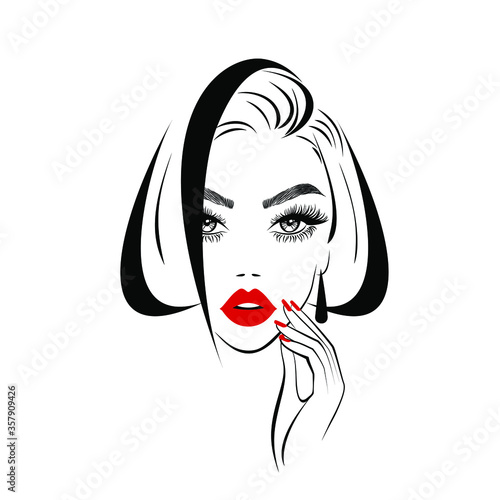 Beauty logo, beautiful woman face, sexy red lips, eyelash extensions, fashion woman, hand with red manicure nails, hair salon sign, icon. Vector illustration.