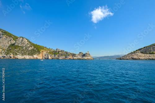 The narrow entrance to the Gulf of Poets at Portovenere, Italy, on the Ligurian Coast.