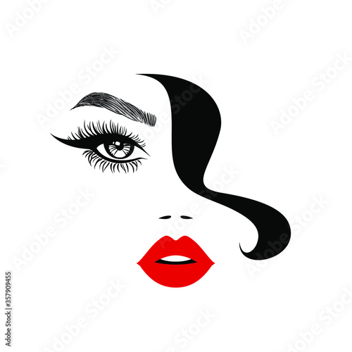 Beauty logo, beautiful woman face, sexy red lips, eyelash extensions, fashion woman, curly hairstyle, hair salon sign, icon, hand with red manicure nails. Vector illustration.