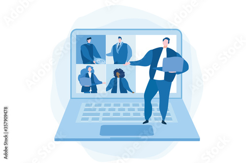 Video conference. People on computer screen taking with colleague. Vector illustration for web banner, infographics, mobile. Videoconferencing and online meeting 