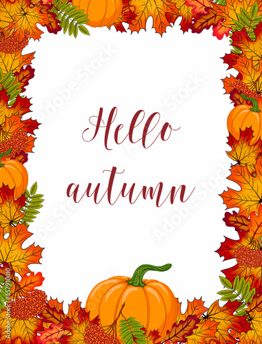 Autumn frame with pumpkin, colorful orange/red fall leaves and rowan branch. Fall season border with copy space for text, floral background for design greeting card and Thanksgiving day decoration.