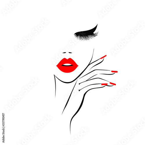 Red lipstick, sexy woman lips,  eyelash extensions, nail manicure salon, flat style, vector illustration. Beauty logo. Element design, isolated on white. photo