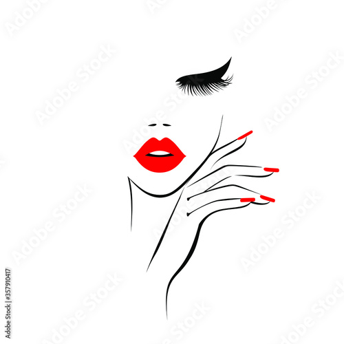 Red lipstick, sexy woman lips,  eyelash extensions, nail manicure salon, flat style, vector illustration. Beauty logo. Element design, isolated on white.