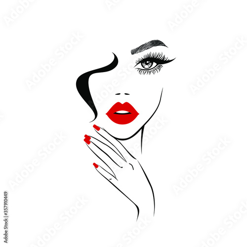 Beauty logo  beautiful woman face  sexy red lips  eyelash extensions  fashion woman  hand with red manicure nails  hair salon sign  icon. Vector illustration.