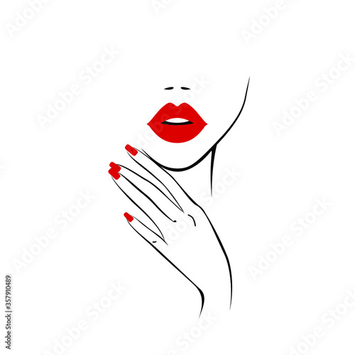 Beautiful sexy red lips, hand with red manicure nails, element design, nails studio. Beauty Logo. Vector illustration