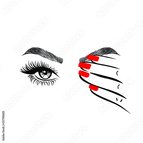 Woman hand with red manicure nails closing one eye, eyelashes mascara, perfect shape brows, logo beauty salon, hand drawn style, vector illustration.