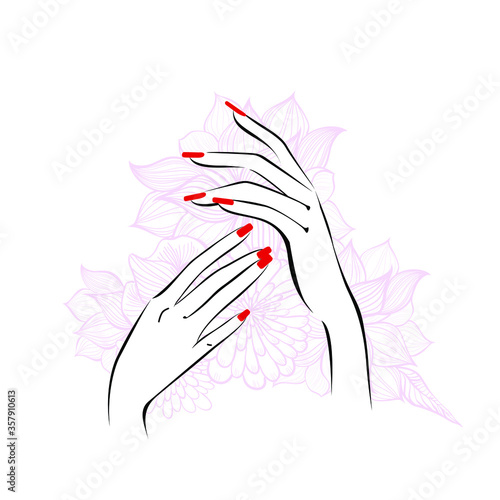 Hand with red manicure nails. Beauty Logo, nails art. Vector illustration, diadem flowers, butterflies, abstract flowers, spa salon, sign, symbol, nails studio.