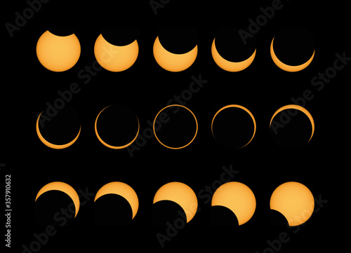 Rare annular solar eclipse phases composite aligned in three rows panorama during Totality ,   popularly called the ring of fire , shot from Tamil Nadu , India .natural phenomenon total solar eclipse photo