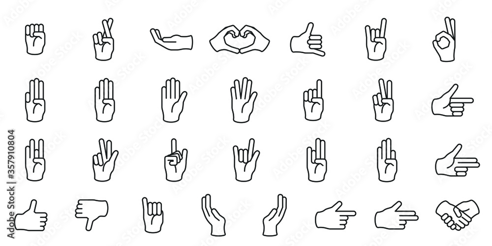 hand gesture set thin outline icons isolated on white background. hand gesture set thin outline icons isolated on white background.