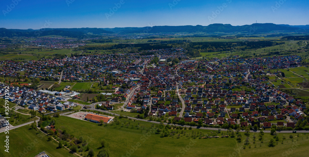 Aerial view of the city Geislingen in the black forest in spring during the coronavirus lockdown.
