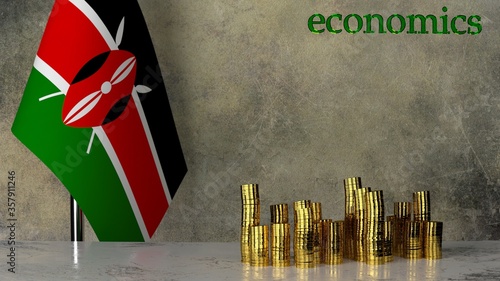 Piles of gold coins on a marble table against the background of the flag of Kenya. 3D rendering