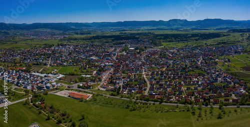 Aerial view of the city Geislingen in the black forest in spring during the coronavirus lockdown. 