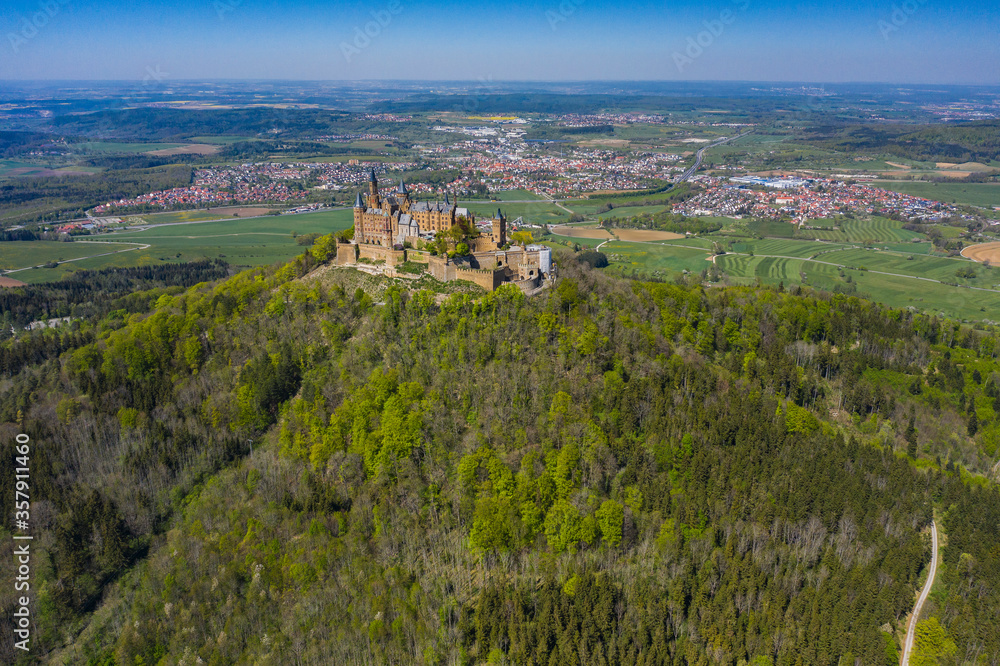 Aerial view of the Hohenzollern Castle in Germany on a sunny day in Spring
