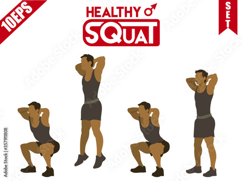 Exercise guide by man doing squat jump in 4 steps in side view for strengthens entire lower body. Illustration about workout.