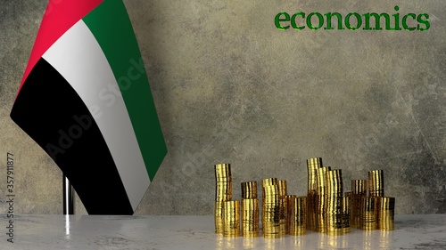 Piles of gold coins on a marble table against the background of the flag of United Arab Emirates. 3D rendering