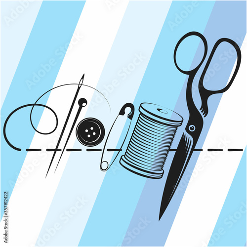 Needle scissors and spool of thread design for sewing