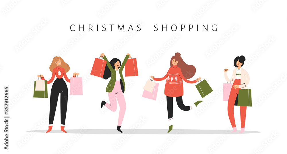 Collection of young women carrying shopping bags with purchases. Girls set taking part in seasonal Christmas sale, Black friday at store, shop, mall. Cartoon characters isolated on white background