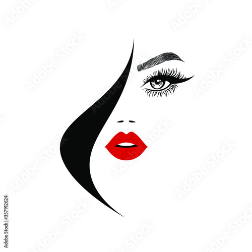 Beauty logo  beautiful woman face  sexy red lips  eyelash extensions  fashion woman  curly hairstyle  hair salon sign  icon. Wallpaper background. Vector illustration.