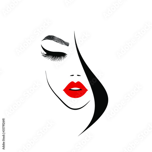 Beautiful woman face with red lips, lush eyelashes,  black hair, stylish hairstyle. Beauty Logo. Hairdresser studio. Wallpaper background. Vector illustration.
