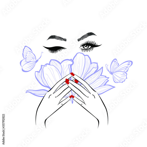 Red lips, hand with red manicure nails. Beauty Logo, nails art. Vector illustration, diadem flowers, butterflies, floral motive, abstract flowers, spa salon, sign, symbol, nails studio.