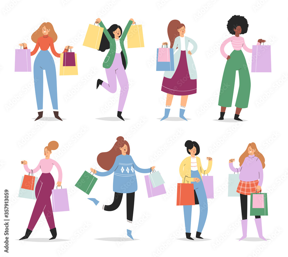 Collection of young women carrying paper shopping bags with purchases. Happy girls set taking part in seasonal sale, Black friday at store, shop, mall. Cartoon characters isolated on white background