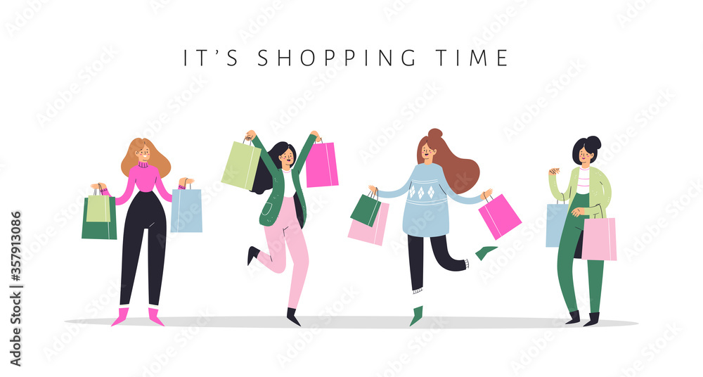 Collection of young women carrying paper shopping bags with purchases. Happy girls set taking part in seasonal sale, Black friday at store, shop, mall. Cartoon characters isolated on white background Collection of young women carrying paper shopping bags with purchases. Happy girls set taking part in seasonal sale, Black friday at store, shop, mall. Cartoon characters isolated on white background