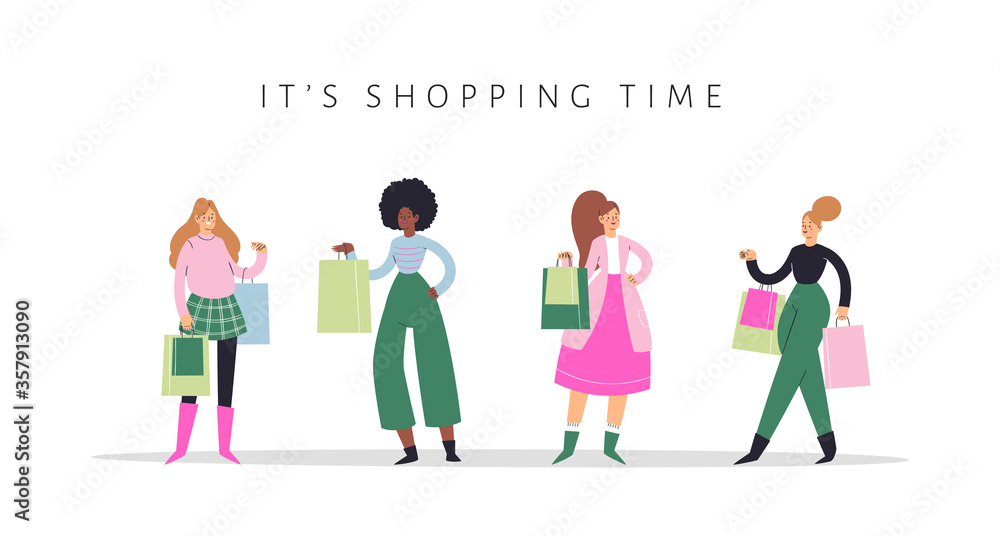 Collection of young women carrying paper shopping bags with purchases. Happy girls set taking part in seasonal sale, Black friday at store, shop, mall. Cartoon characters isolated on white background Collection of young women carrying paper shopping bags with purchases. Happy girls set taking part in seasonal sale, Black friday at store, shop, mall. Cartoon characters isolated on white background