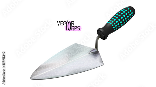 New realistic trowel for mortar and masonry work, isolated on white background. Construction tool with rubber handle. Vector illustration.