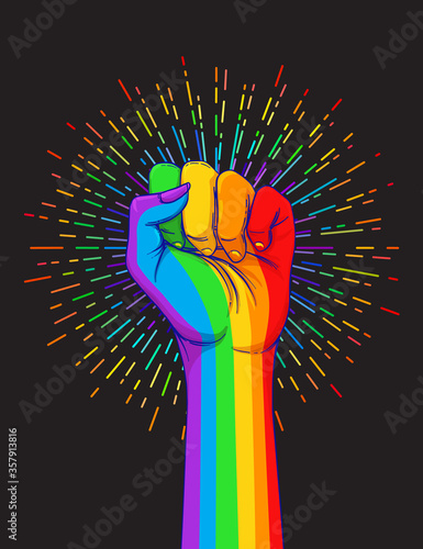 LGBT poster design. Rainbow fist raised up. Gay Pride. LGBTQ concept. Isolated vector colorful illustration. Sticker, patch, t-shirt print, greeting card, banner.
