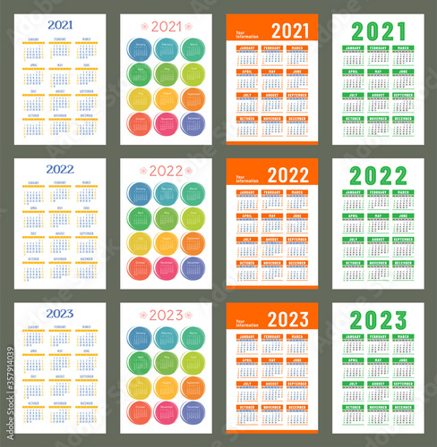 Calendar 2021, 2022 and 2023. English color vector set. Vertical wall or pocket calender template. Golorful big design collection. New year. Week starts on Sunday