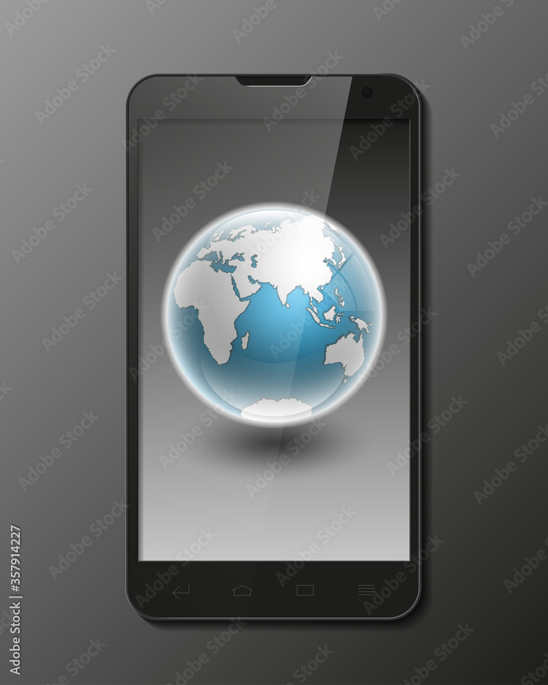 Smartphone, mobile phone isolated with Globe Eastern Hemisphere icon with smooth shadows and white map of the continents of the world, realistic Smartphone, mobile phone isolated with Globe Eastern Hemisphere icon with smooth shadows and white map of the continents of the world, realistic