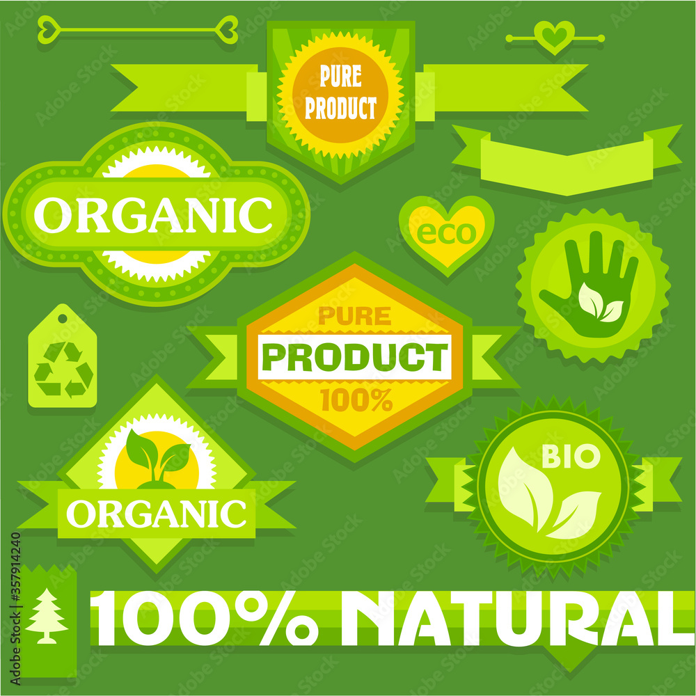 Flat design Eco and Bio friendly advertising and sales badges Flat design Eco and Bio friendly advertising and sales badges