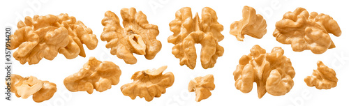 Raw shelled walnut set isolated on white background. Package design element with clipping path