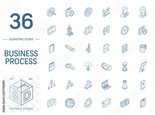 Isometric line art icon set. Vector illustration with business, management symbols. Marketing research, strategy, service, career, mission, analytic pictogram. 3d technical drawing. Editable stroke