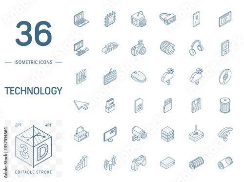 Isometric line art icon set. Vector illustration with technology, digital symbols. Cloud computing, print, VR glasses, 4k resolution and wireless pictogram. 3d technical drawing. Editable stroke