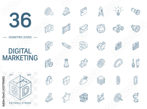 Isometric line art icon set. Vector illustration with SEO optimization symbols. Digital network, analytics, social media traffic and market graph pictogram. 3d technical drawing. Editable stroke
