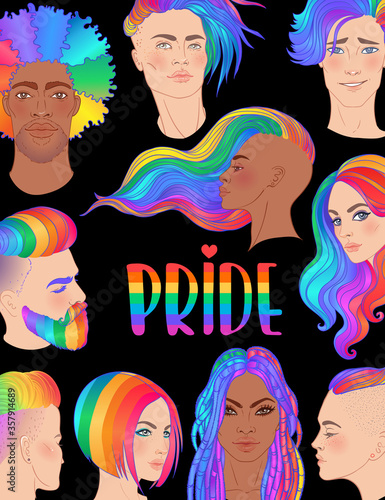 Rainbow people. LGBT poster design. Gay Pride. LGBTQ ad divercity concept. Isolated vector colorful illustration. Sticker  patch  t-shirt print  greeting card  banner.