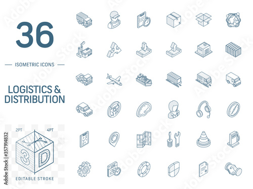 Isometric line art icon set. Vector illustration with Logistic, delivery business, distribution symbols. Service, export, shipping, transport pictogram. 3d technical drawing. Editable stroke